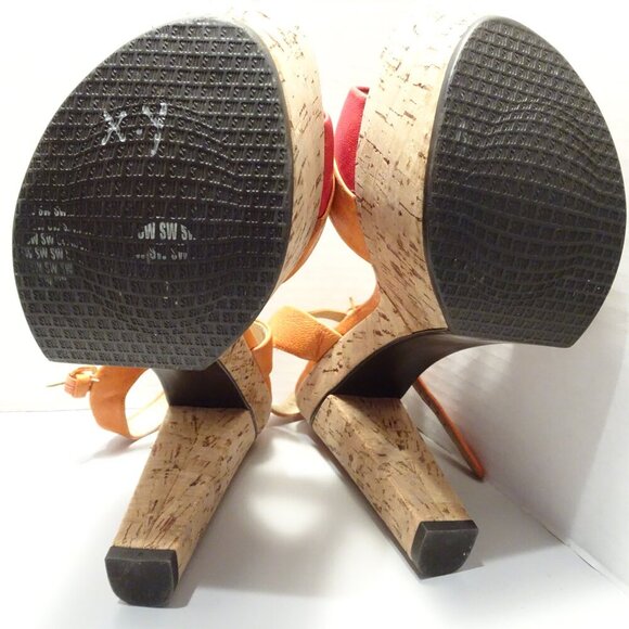 STUART WEITZMAN Platform Sandals Orange Leather Straps Cork Heel Size 37.5 EU 7 - Picture 4 of 5